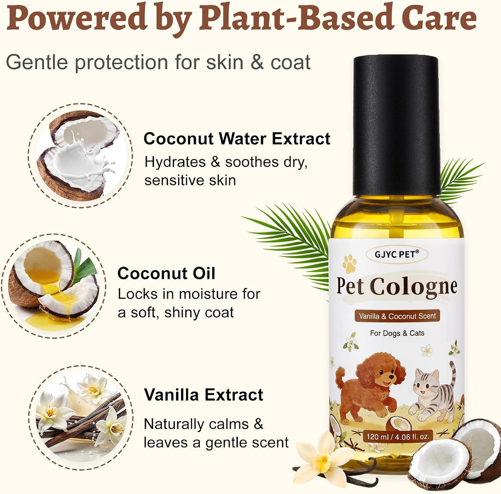 Premium imported dog cologne spray for odor elimination.
