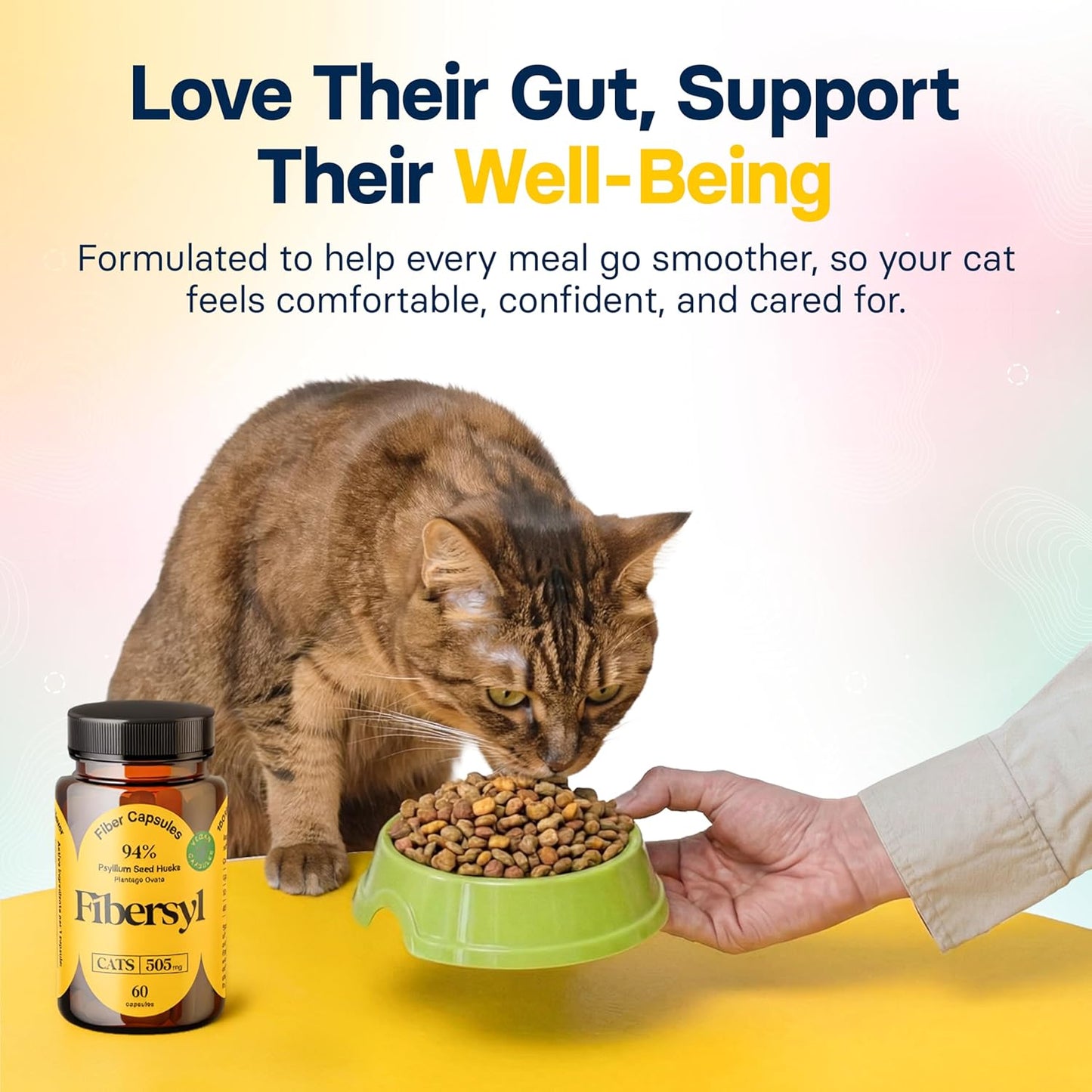 Side view of Medsmehappy FiberSyl prebiotics for cats bottle highlighting the natural premium USA imported formula.