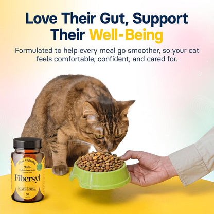 Side view of Medsmehappy FiberSyl prebiotics for cats bottle highlighting the natural premium USA imported formula.