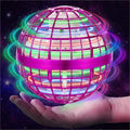 OFUN flying orb ball toy front view showcasing pink protective cage and glowing LED lights.