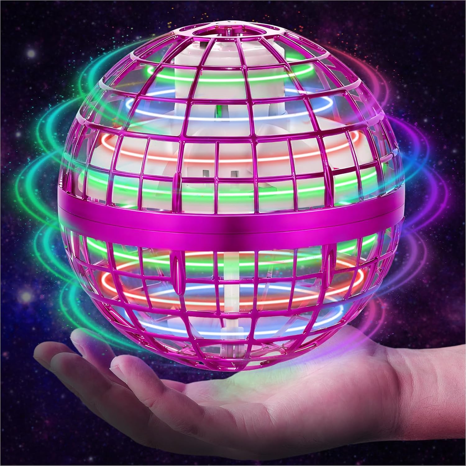 OFUN flying orb ball toy front view showcasing pink protective cage and glowing LED lights.