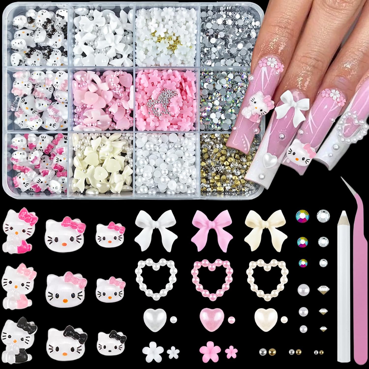 Gotpe 3D nail charms and gems set with tools front view