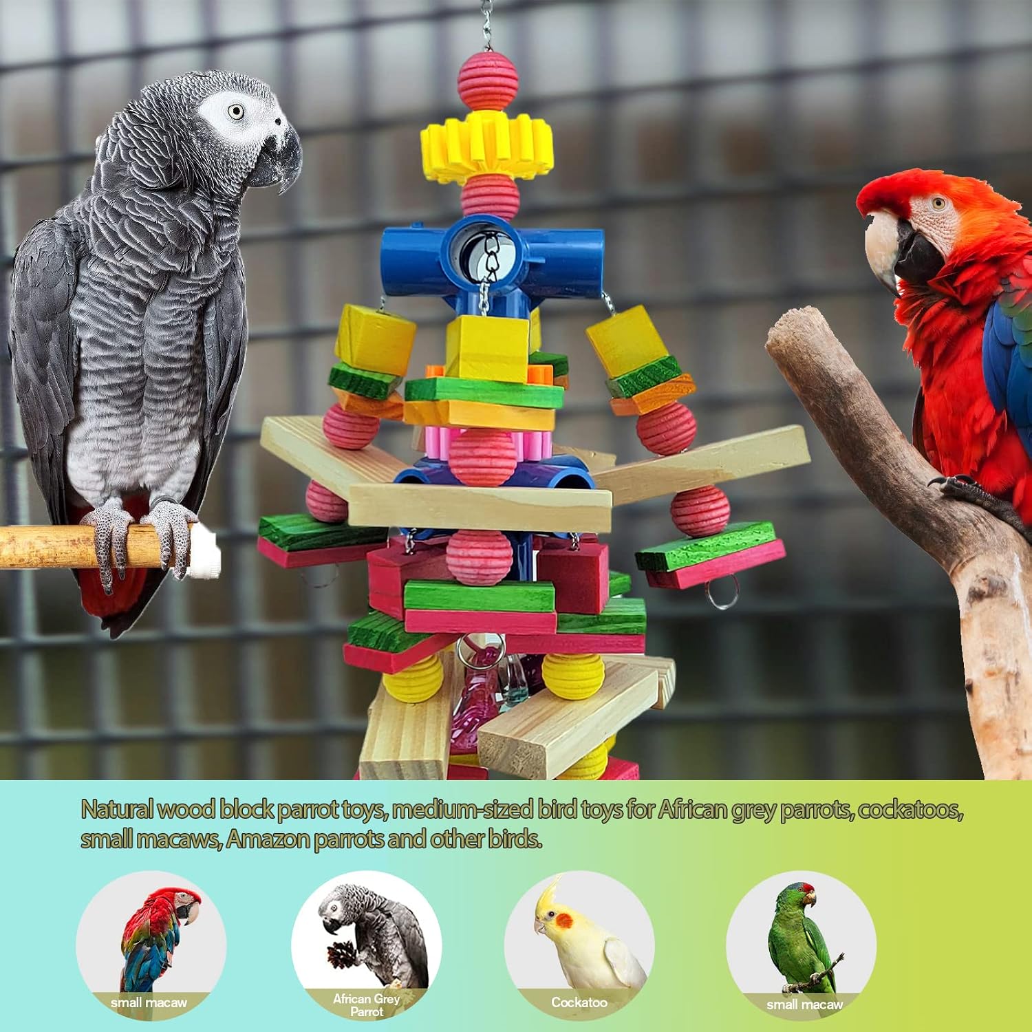 Close-up of non-toxic food-grade dyed wooden blocks for medium-sized parrots like African Greys.