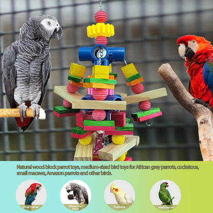 Close-up of non-toxic food-grade dyed wooden blocks for medium-sized parrots like African Greys.