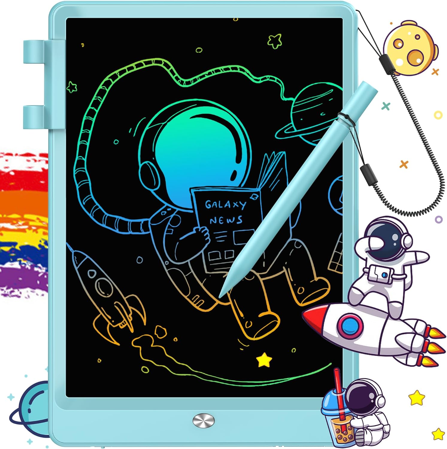 FLUESTON LCD Writing Tablet 10 Inch Blue front view showing colorful drawing screen and stylus