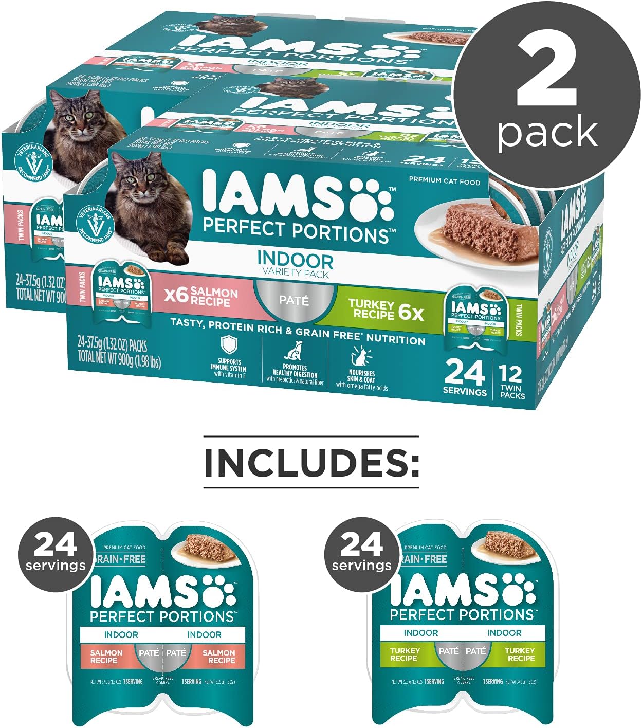 IAMS grain free indoor adult wet cat food turkey and salmon twin pack trays packaging