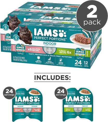 IAMS grain free indoor adult wet cat food turkey and salmon twin pack trays packaging