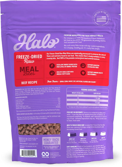 Halo Pets raw beef recipe meal bites adult dog food back nutritional facts