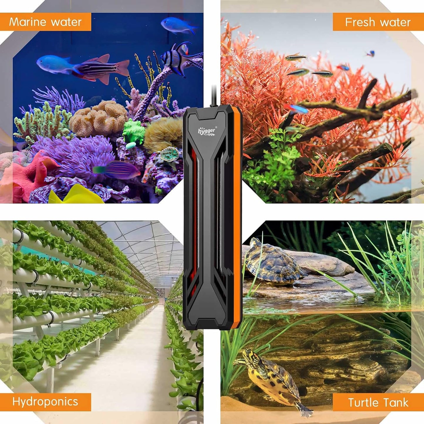 Diagram showing Hygger heater submerged in aquarium