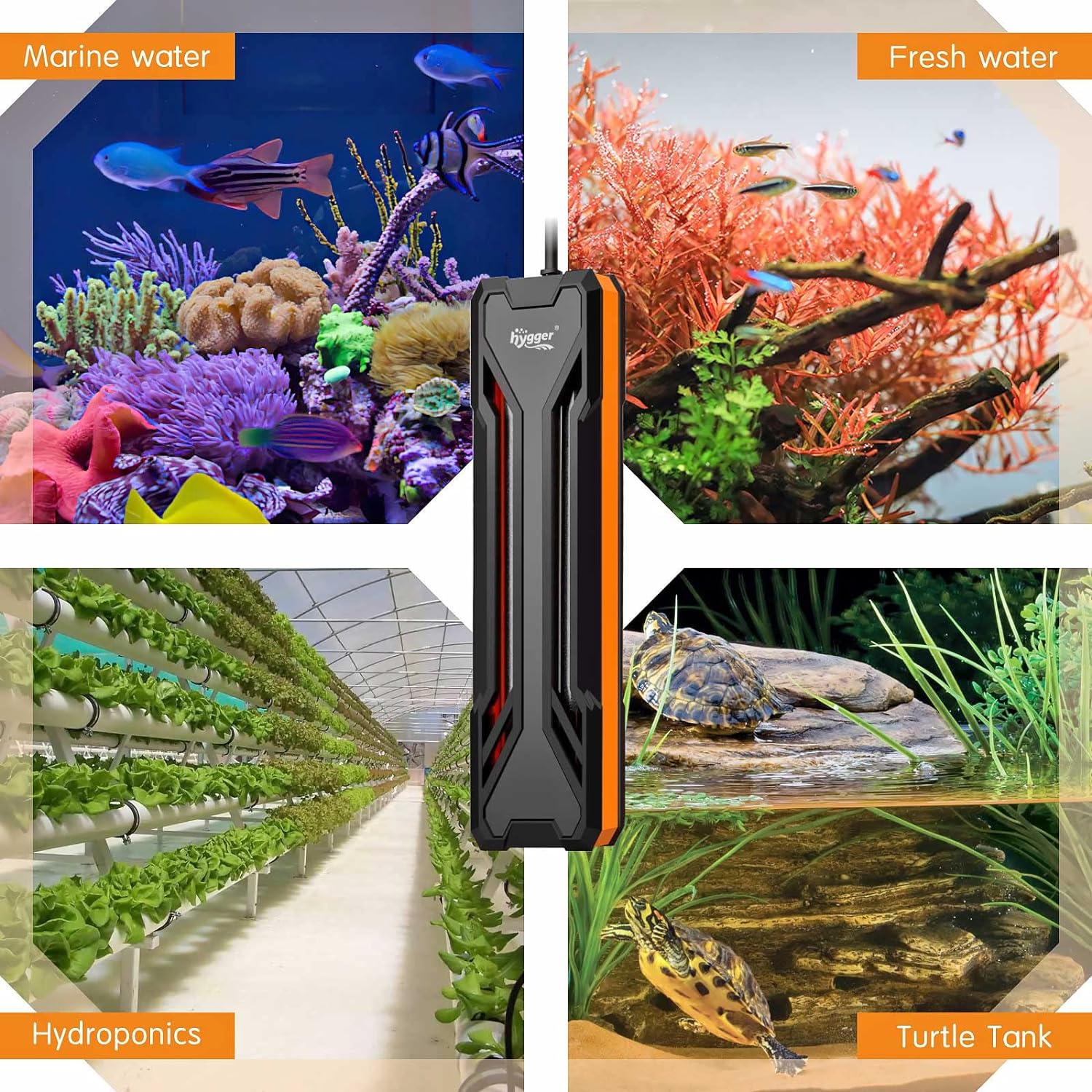 Diagram showing Hygger heater submerged in aquarium