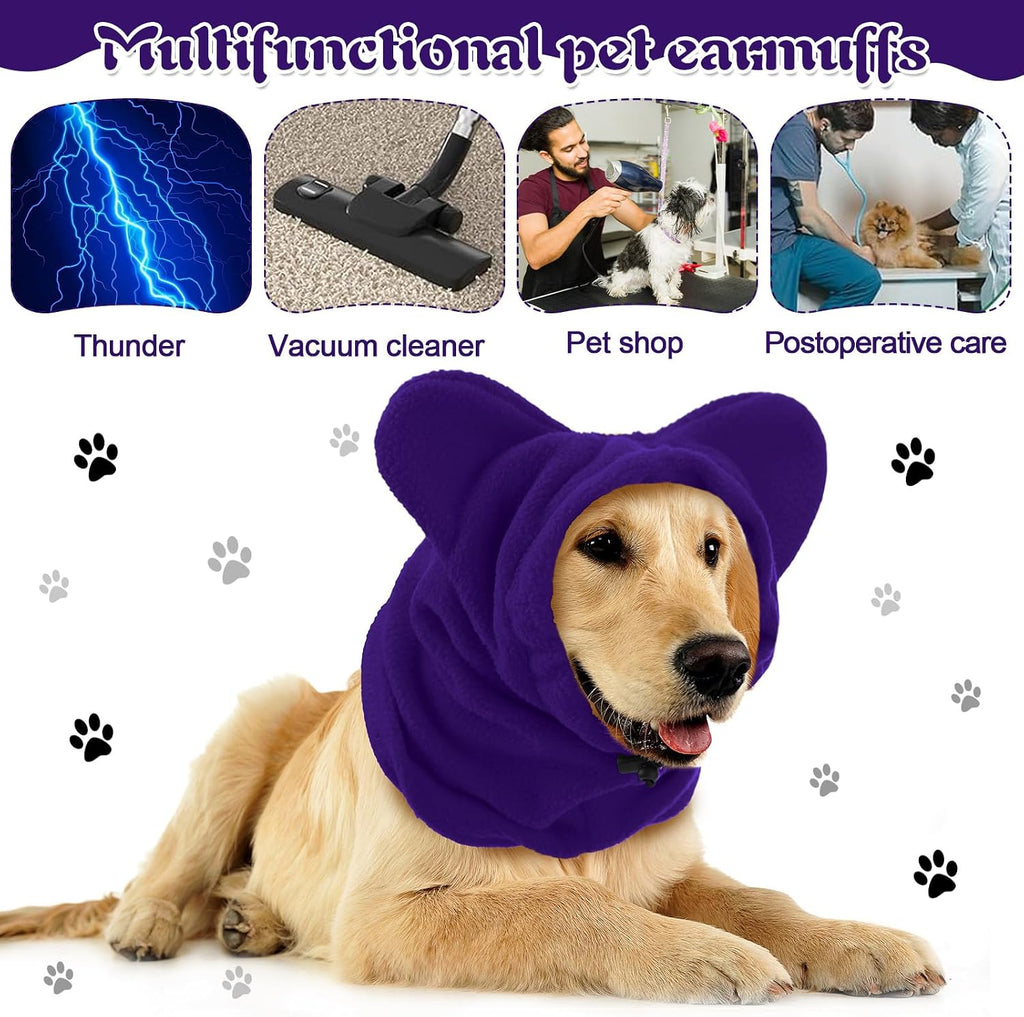Dog wearing purple noise protection ear muff head wrap
