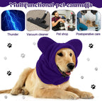 Dog wearing purple noise protection ear muff head wrap
