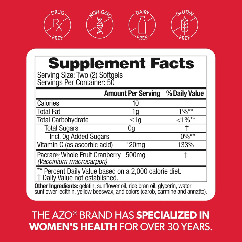 AZO Cranberry Pills for Women & Men, Urinary Tract Health, 100 Softgels - Image 8