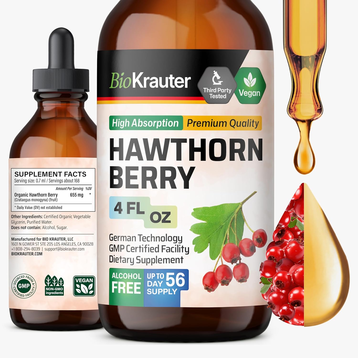 Bio Krauter Pure Hawthorn Berry Vegan Health Supplement Drops front view bottle for cardiovascular wellness