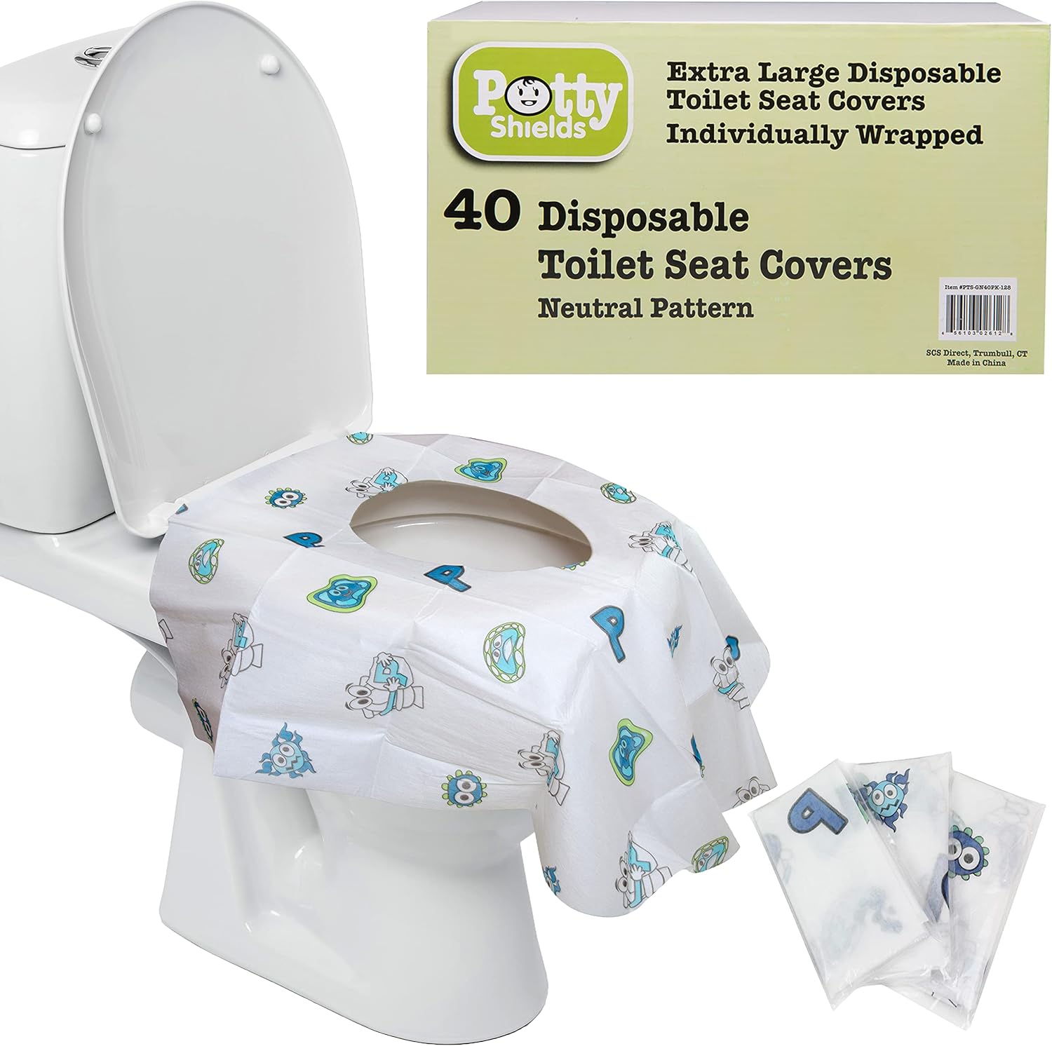 Potty Shields disposable toilet seat covers forty pack front view showing retail packaging.