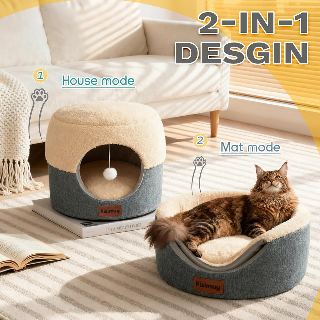 KISIMUY convertible pet bed collapsed into an open top sofa couch with reversible cushion