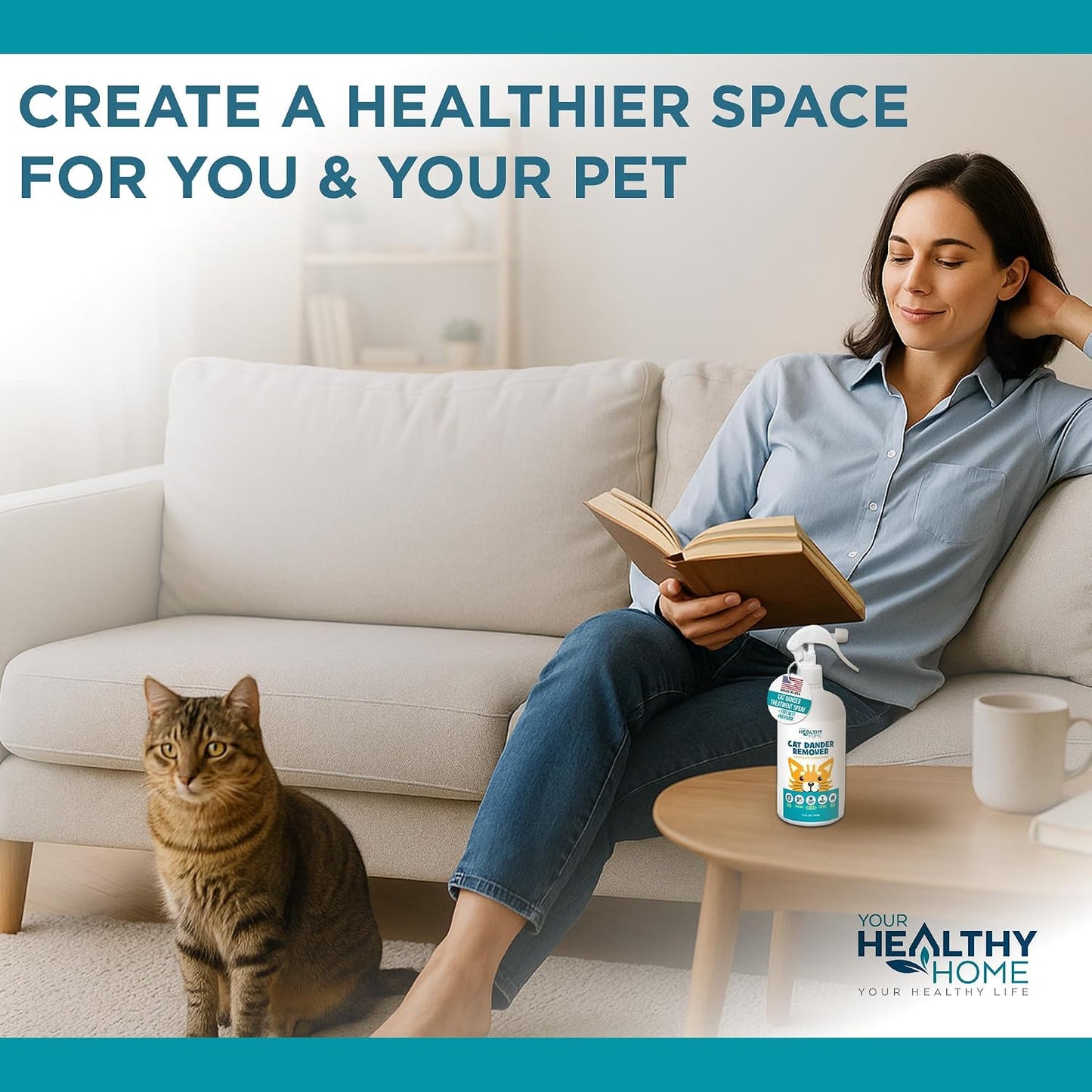 Back label of YourHealthyHome cat dander remover showing how to use instructions