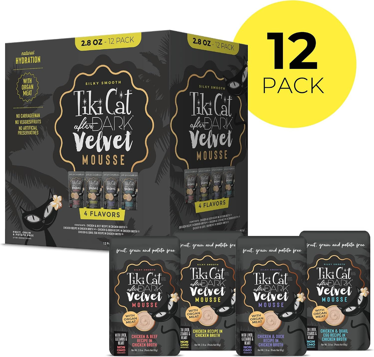 Tiki Cat After Dark high protein wet cat food packaging displaying grain free features.
