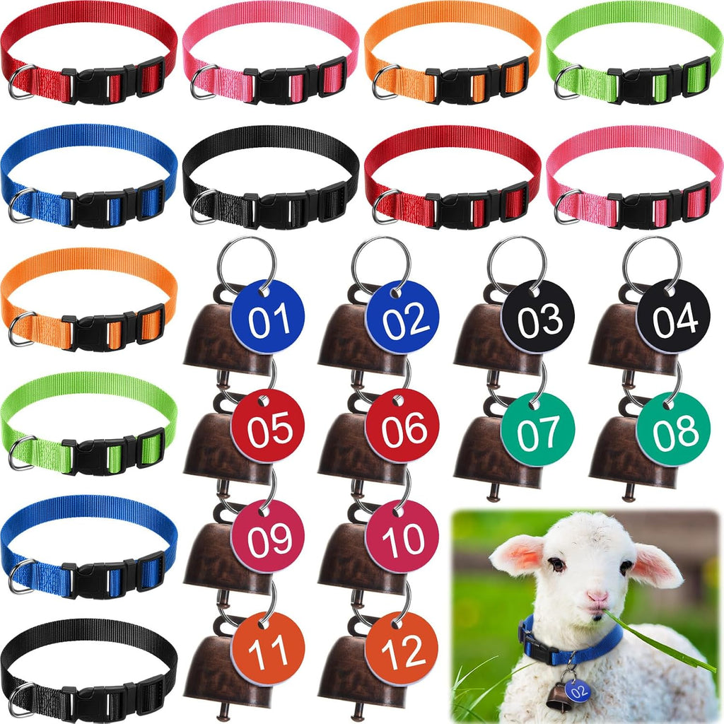 Foilswirl 12 pack goat collar front view showing multicolour nylon straps and brass bells.