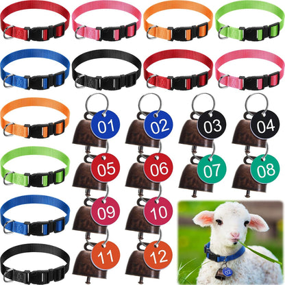 Foilswirl 12 pack goat collar front view showing multicolour nylon straps and brass bells.