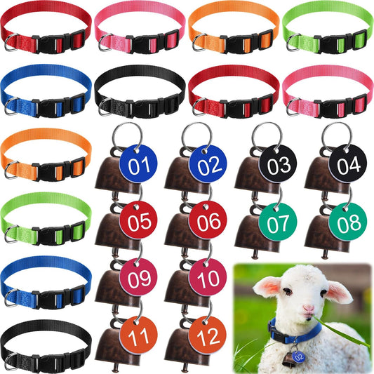 Foilswirl 12 pack goat collar front view showing multicolour nylon straps and brass bells.