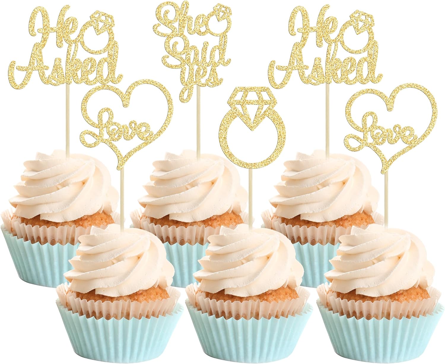 Gyufise He Asked She Said Yes gold glitter cupcake toppers front view