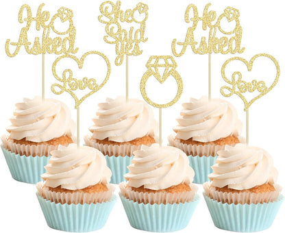 Gyufise He Asked She Said Yes gold glitter cupcake toppers front view