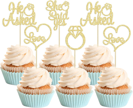 Gyufise He Asked She Said Yes gold glitter cupcake toppers front view