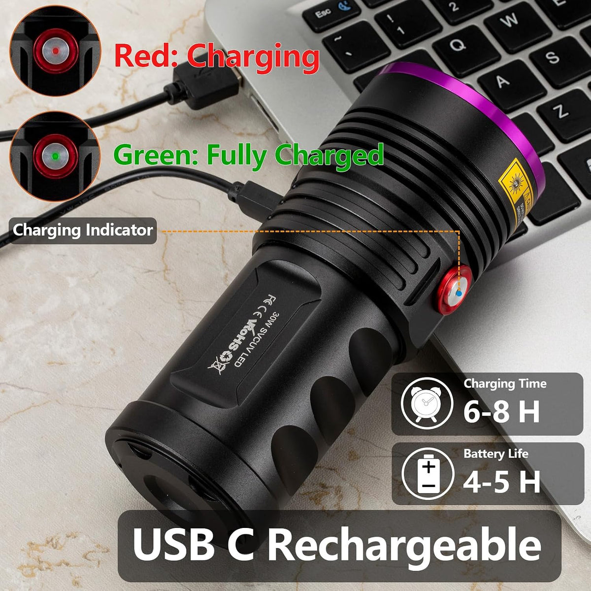 Premium aircraft grade aluminum alloy blacklight body with four rechargeable batteries.
