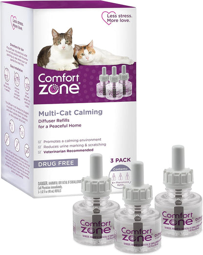 USA imported Comfort Zone multi cat calming refills package highlighting drug free and fragrance free features