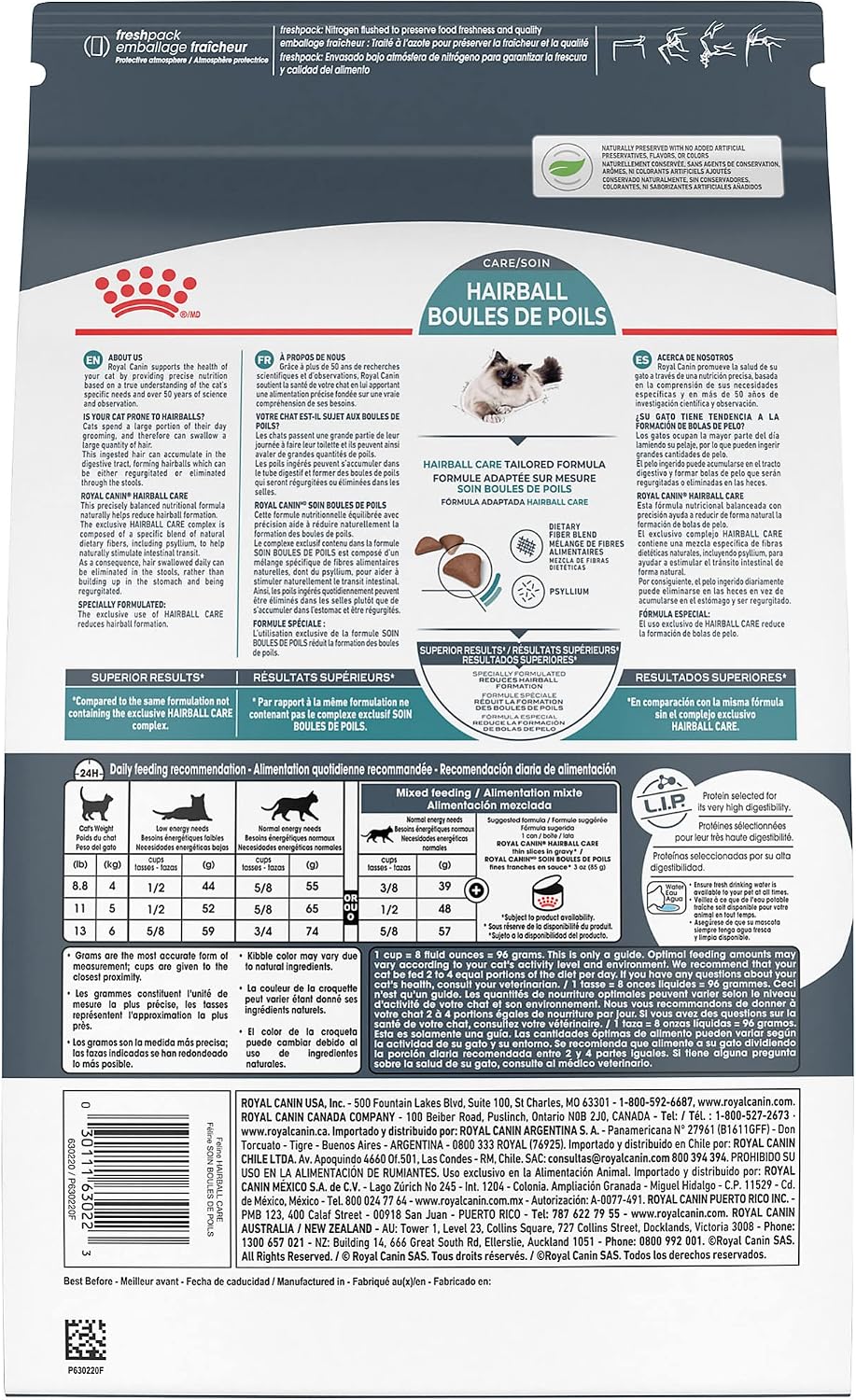 Royal Canin Feline Care Nutrition dry food fourteen pounds bag showing ingredients list