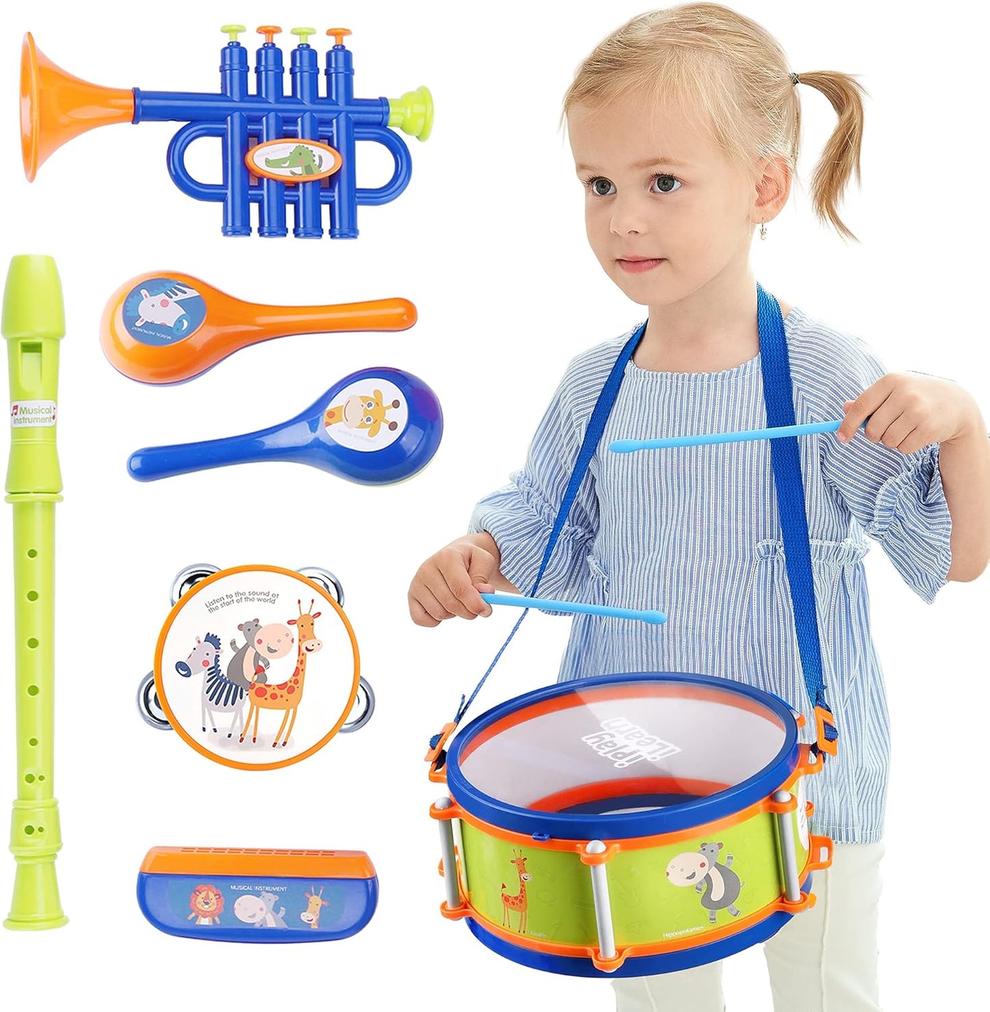 iPlay iLearn toddler musical instruments toys kids drum set front view showing blue marching drum and percussion accessories