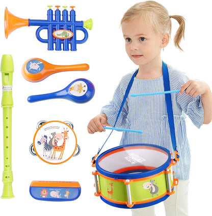 iPlay iLearn toddler musical instruments toys kids drum set front view showing blue marching drum and percussion accessories