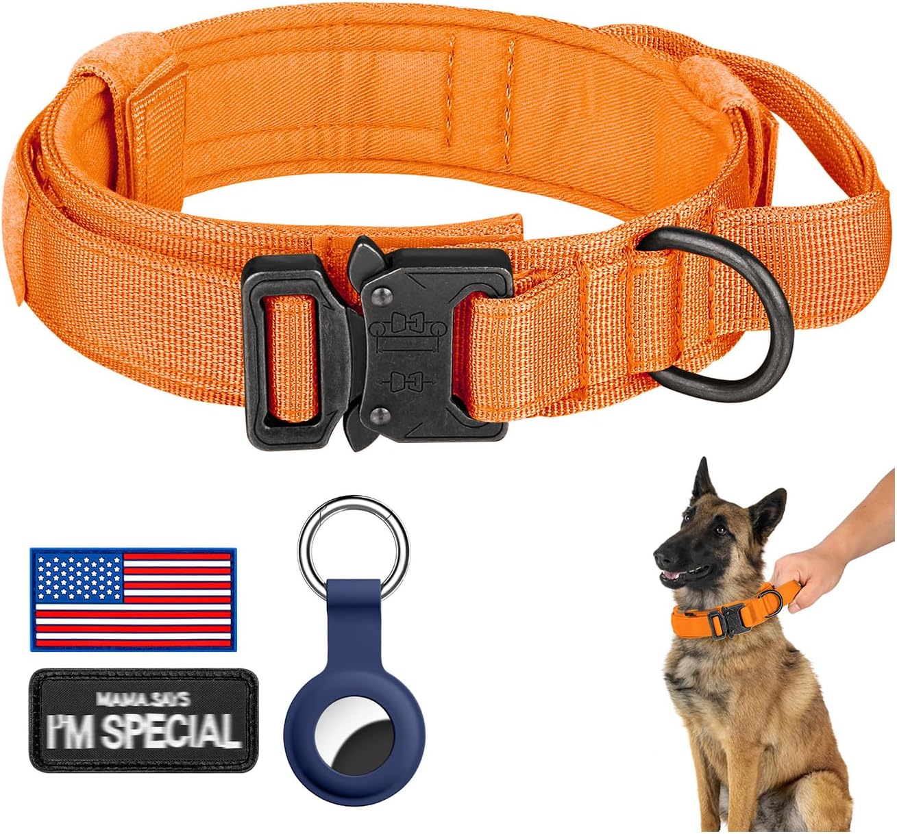 DAGANXI Tactical Dog Collar, Adjustable Military Training Nylon Dog Collar with Control Handle and Heavy Metal Buckle for Medium and Large Dogs, with Patches and Airtags Case (L, Black) - Image 14