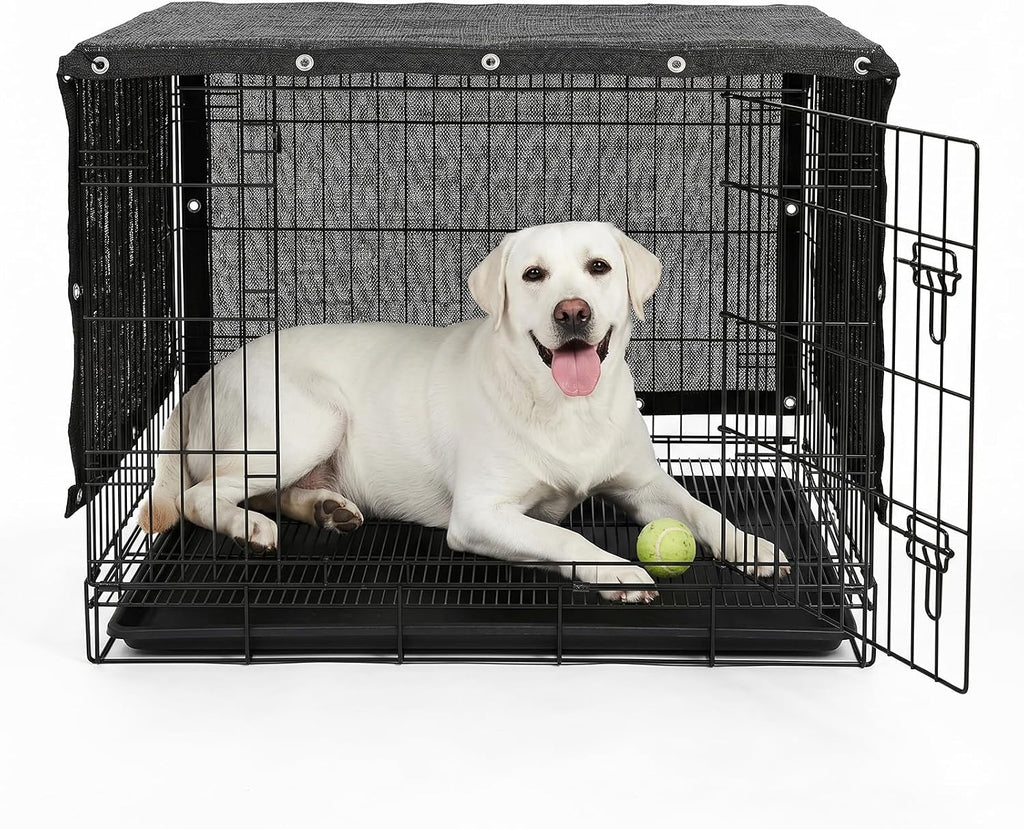 ShadeMart 90 percent UV block dog kennel shade cover front view on outdoor wire playpen