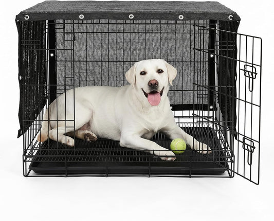 ShadeMart 90 percent UV block dog kennel shade cover front view on outdoor wire playpen