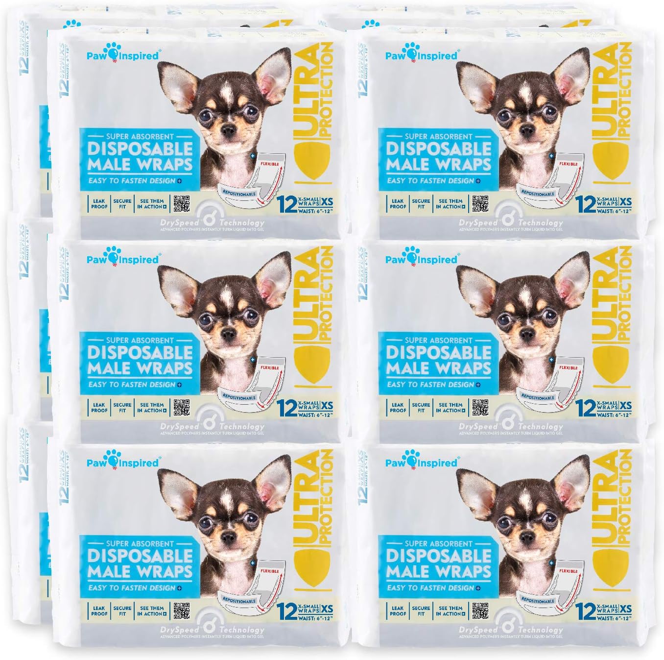 Twelve count package of authentic Paw Inspired x-small dog diapers.