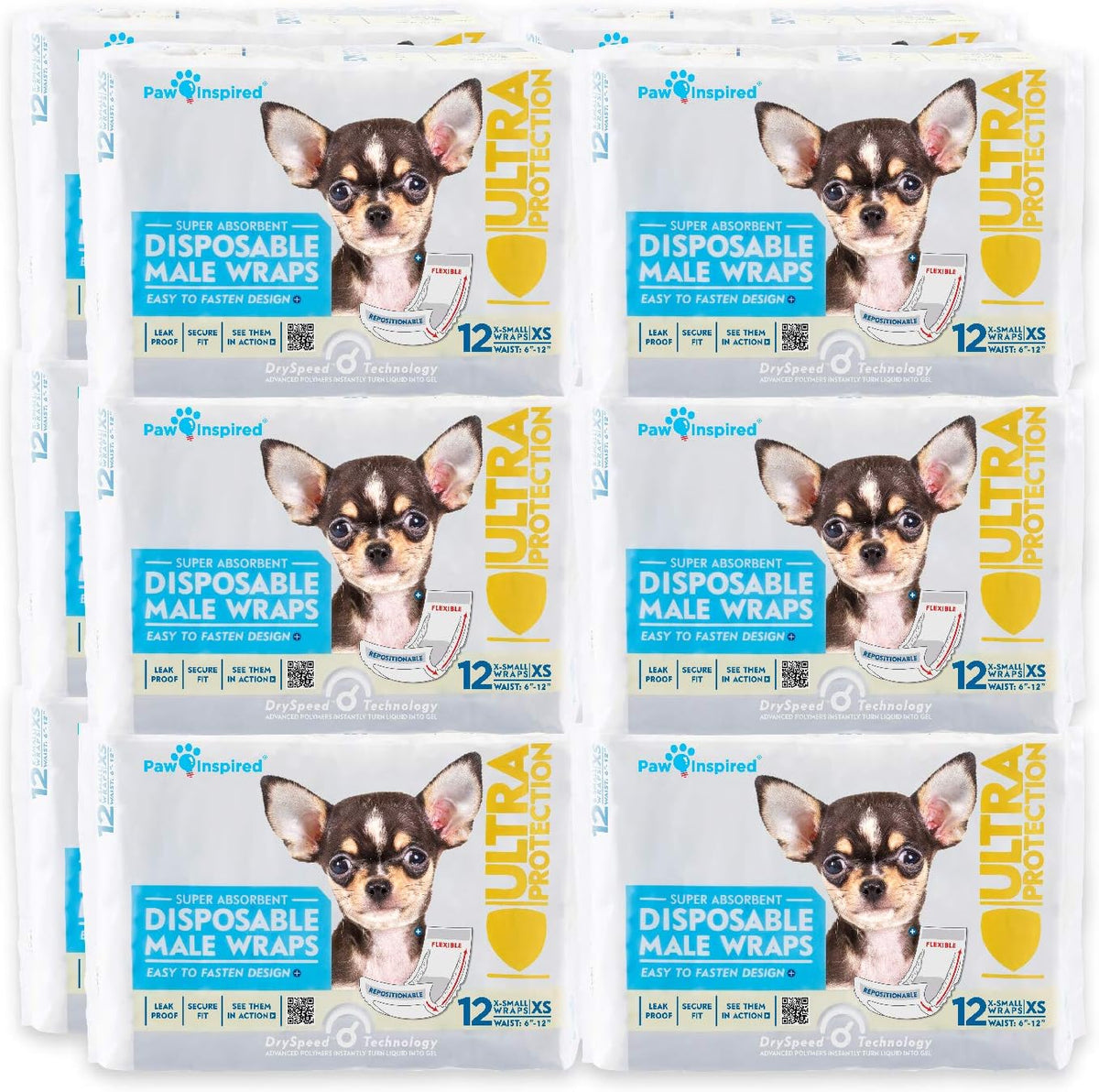Twelve count package of authentic Paw Inspired x-small dog diapers.