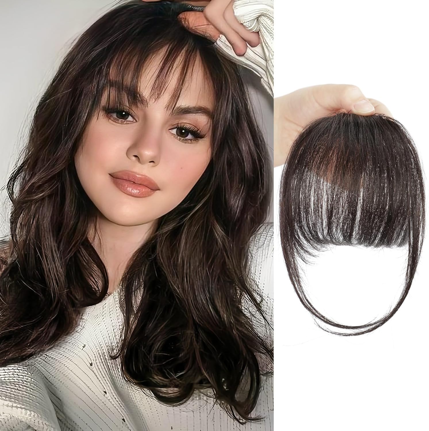 RPAEOY BOGSEA clip in bangs real human hair front view styled on premium dark brown model hair extension