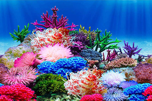 ELEBOX Aquarium Background Poster front view showing vibrant 3D undersea coral reef and water plants decoration.