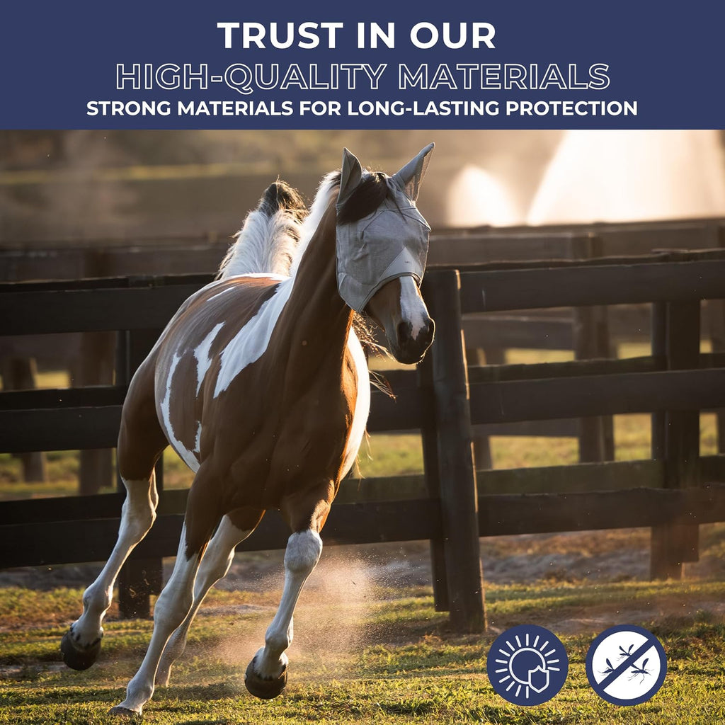 Side view of Cob sized equine face guard illustrating full coverage from ears to nose