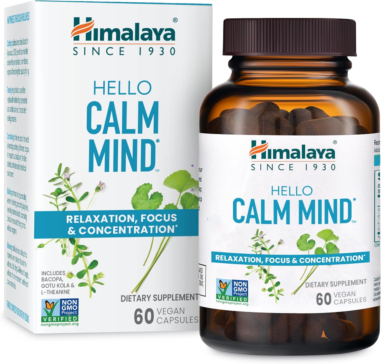 Himalaya Hello Calm Mind Herbal Supplement, with Bacopa, L-Theanine, Gotu Kola, Supports Concentration & Focus, Cognitive Function, Clear Thinking, Relaxation, Vegan, Gluten Free, 60 Capsules - Image 1