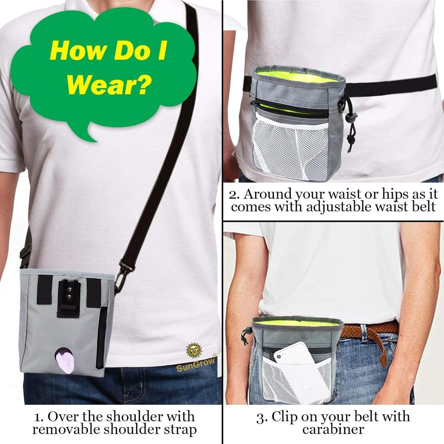 SunGrow multiwear pet pouch clipped to a waistband using the heavy duty carabiner