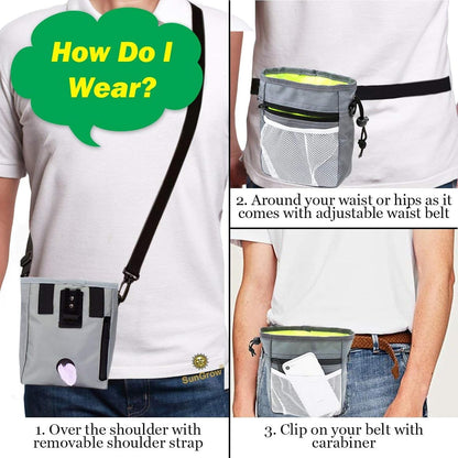 SunGrow multiwear pet pouch clipped to a waistband using the heavy duty carabiner