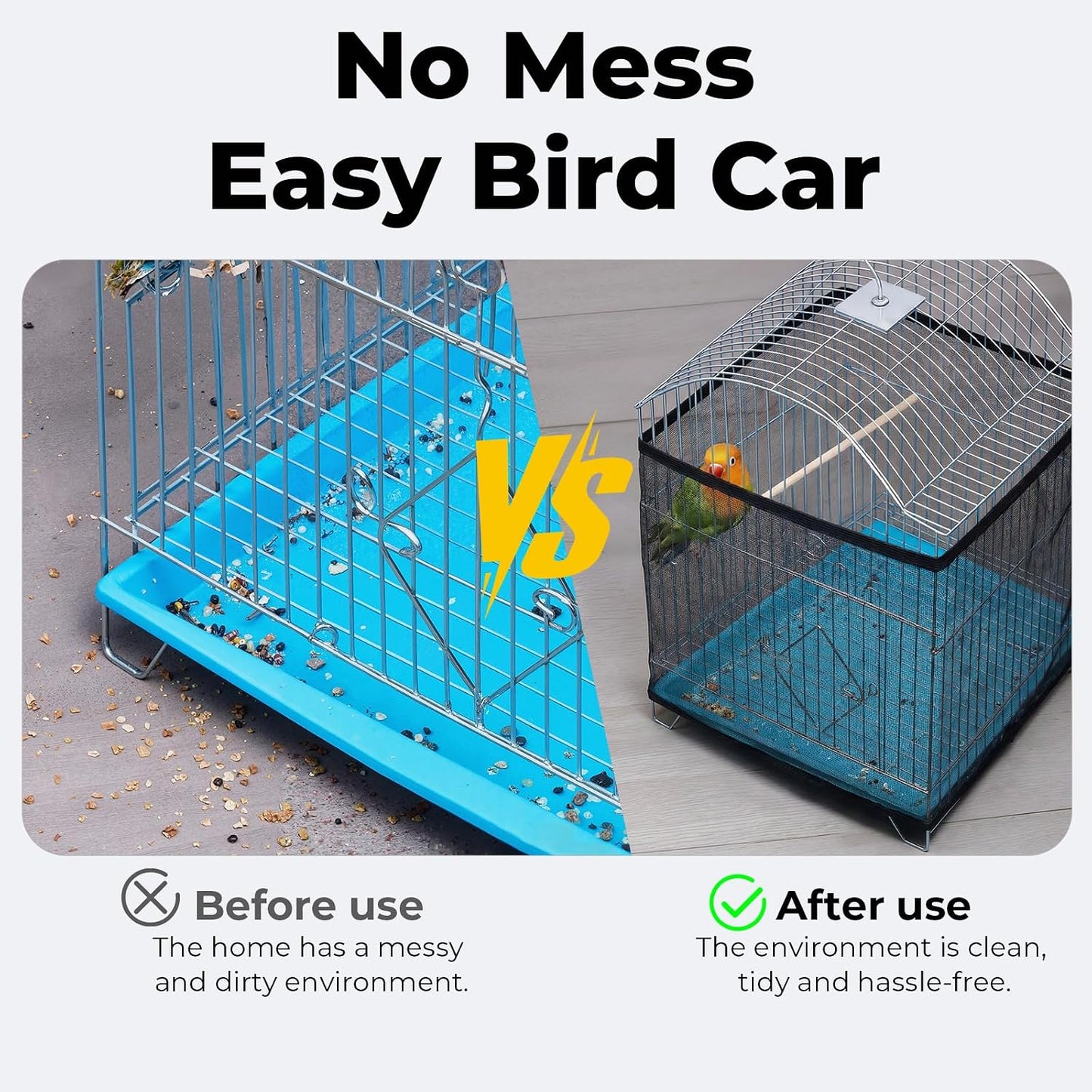 SFIELCAPA bird cage skirt installed on a square parrot enclosure preventing mess on modern room floors