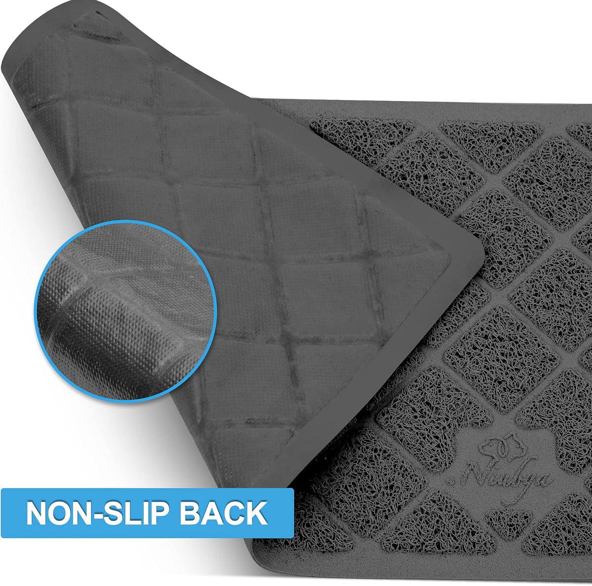 Rinsing and cleaning the durable grey cat litter mat with water