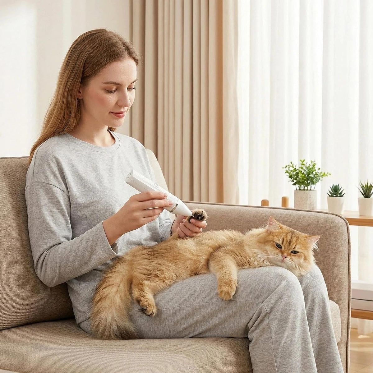 GenÃ©rico cordless pet nail grinder attachment smoothing down a dog claw safely.