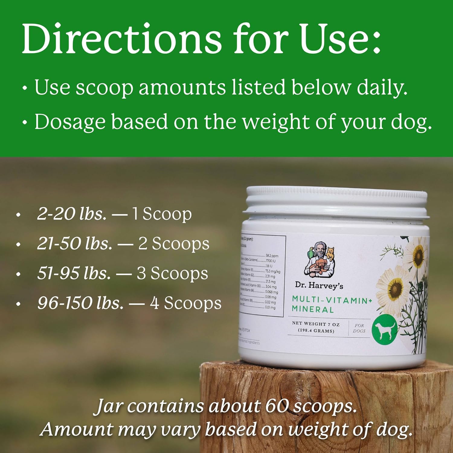 Side view of Dr. Harvey's 7 ounce container showing health benefits.