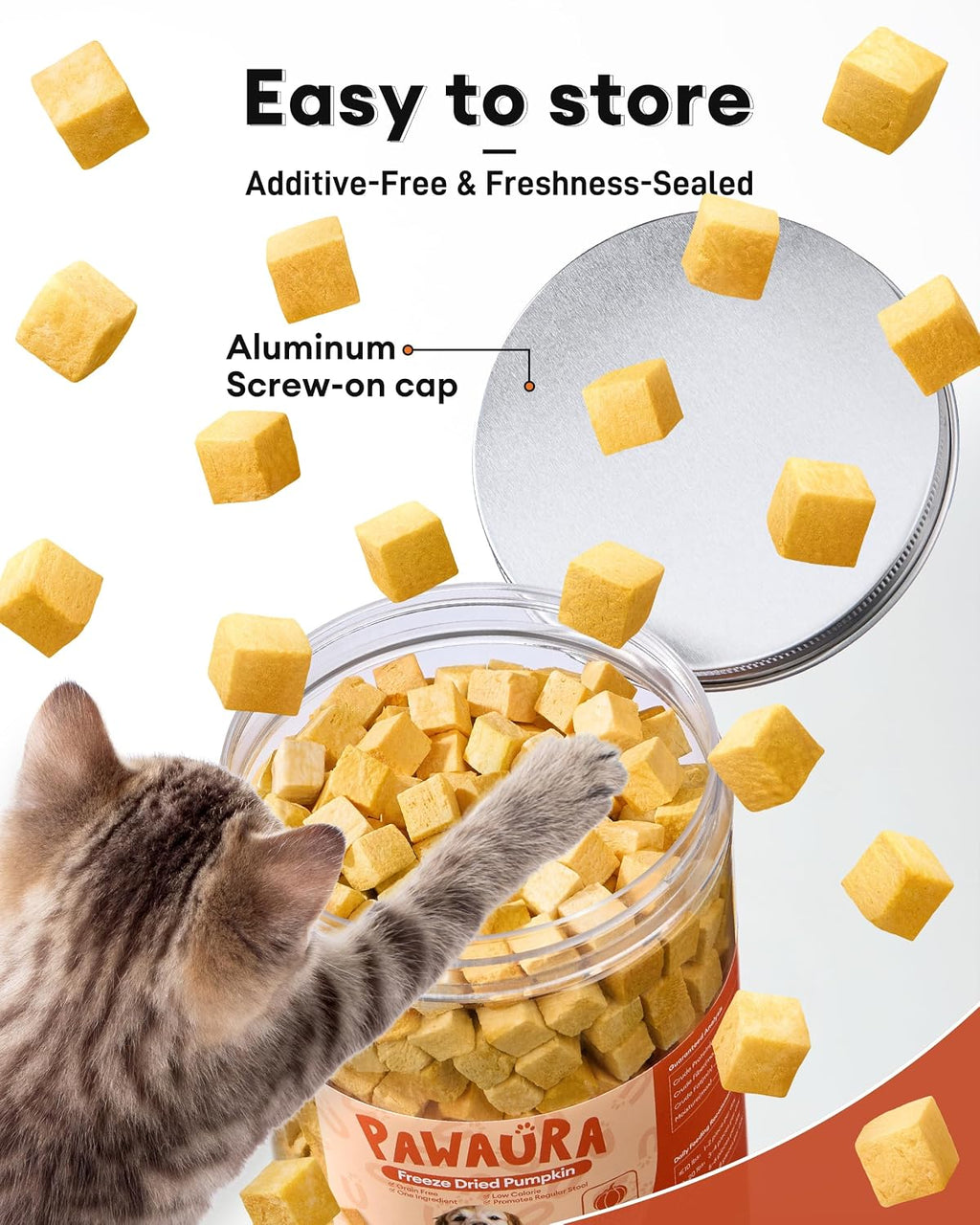 Low calorie organic pumpkin treats for pet weight management.