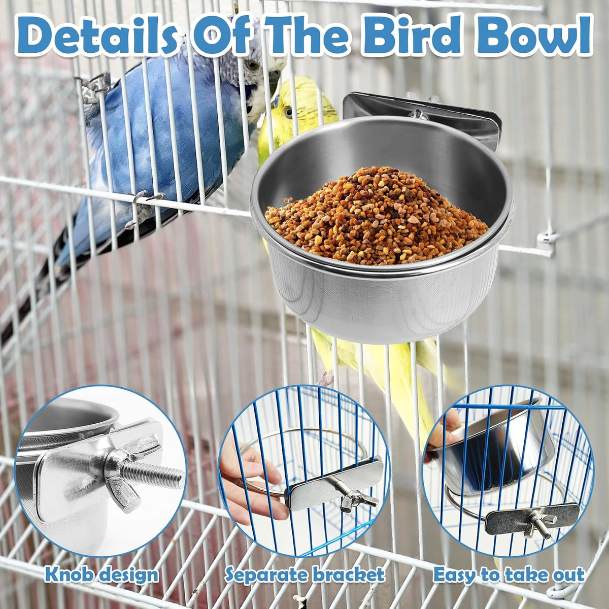 kathson 8 Pack Bird Feeding Dish Cups, Stainless Steel Parrot Feeders Water Cage Bowls with Clamp Holder Bird Feeders for Parakeet Cockatiels Conure Budgies Lovebird Finch and Small Animals - Image 5